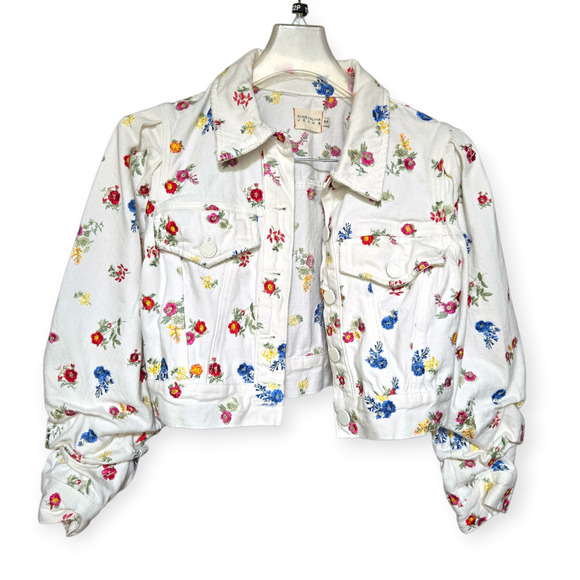 Alice + Olivia Renee Floral Embroidered White Cropped Denim Jean Jacket Small - Picture 2 of 7